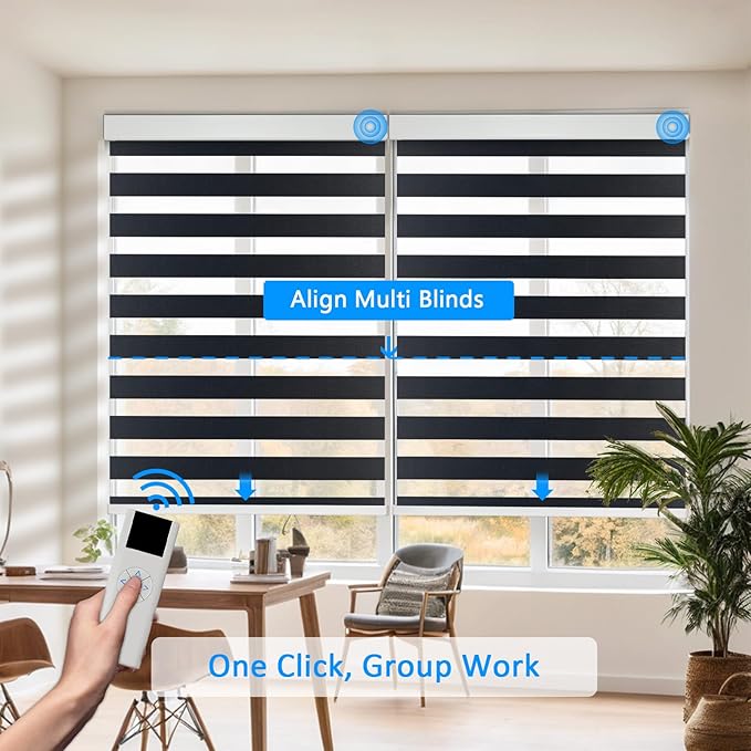 Motorized Zebra Blinds for Windows Cordless Electric Curtains with Remote Control Blackout Shades Custom Smart Blinds Compatible with Alexa Google Home(Light Filtering Black,W49 X 72in)
