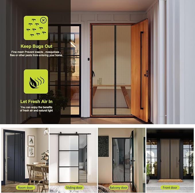 Iduontis Magnetic Screen Door - Fits Door Opening 36 x 82 in, Actual Screen Size 38"x83", Hands Free Mesh Partition,Heavy Duty Curtain Keeps Bugs Out, Frame Hook & Loop, Pet and Kid Friendly