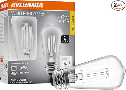 Sylvania ST15 Clear LED White Filament Bulb, 5.5W, Dimmable, 500 LMS, Medium Base, 2700K, Soft White - 2 Pack (42268)