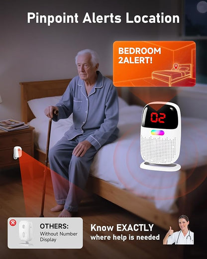 PILSAMAS Wireless Bed Alarms for Elderly Dementia Patients with Motion Sensor & Clip-On Caregiver Pager - Sensor ID Display, 1000ft Range, Room Exit & Fall Alert Devices for Elderly No Month Fee