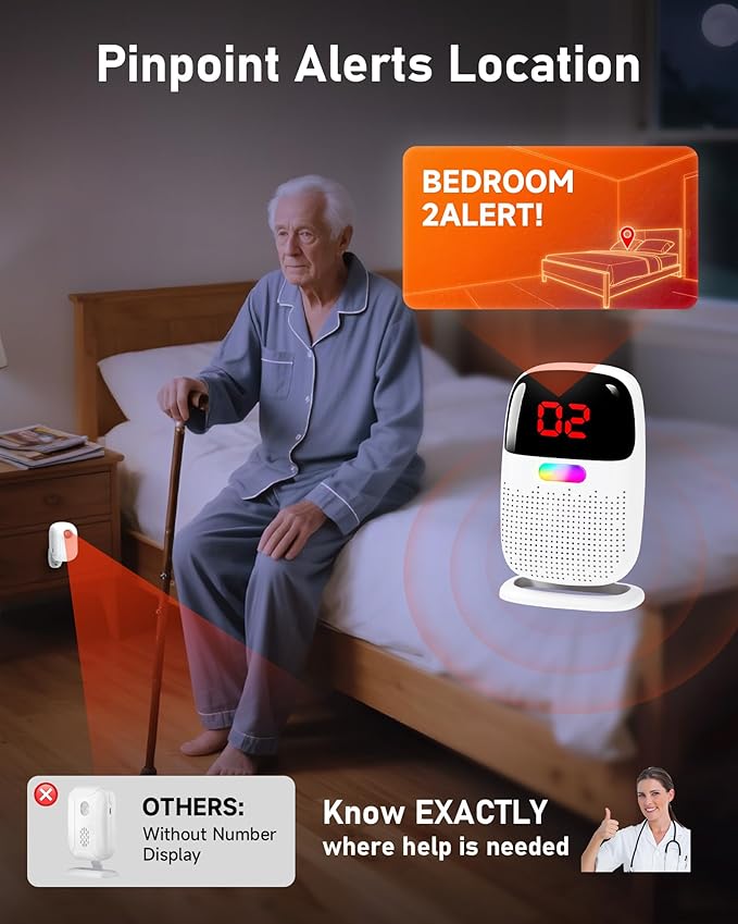 PILSAMAS Bed Alarms for Elderly Dementia Patients - Digital Sensor ID Display & Clip-On Caregiver Pager, Wirelss 1000ft Range, No Month Fee, Motion Sensors for Fall & Room Exit Alerts