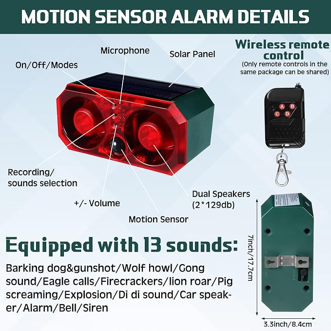 Qualirey 4 Pcs Solar Outdoor Motion Sensor Alarm with Stake Animal Deterrent Dog Barking Sensor 13 Sound 130dB Loud Noise Maker 4 Mode with USB Remote Control Support Recording Volume Adjustment