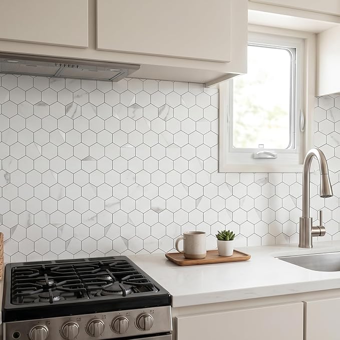 20-Sheet Hexagon Peel and Stick Backsplash Tile,12.2x11.54inches Marble White Mixed Silver Metal 3D PVC Wall Tiles Stick on Backsplash for Kitchen and Bathroom