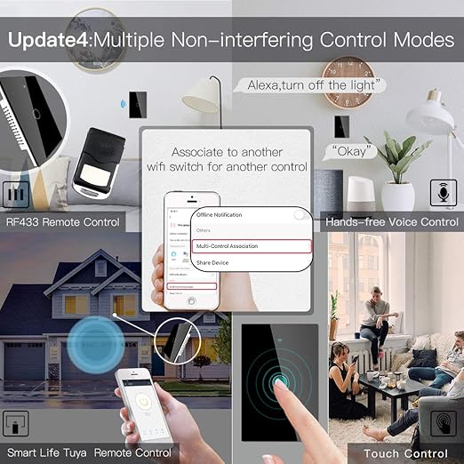MoesGo 2nd Generation WiFi RF433 Smart Touch Wall Single Fire Smart Switch,No Neutral Wire Needed Compatible with Smart Life/Tuya App, Works with Alexa and Google Home Single Pole 110V Black 1 Gang