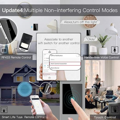 MoesGo 2nd Generation WiFi RF433 Smart Touch Wall Single Fire Smart Switch,No Neutral Wire Needed Compatible with Smart Life/Tuya App, Works with Alexa and Google Home Single Pole 110V Black 1 Gang