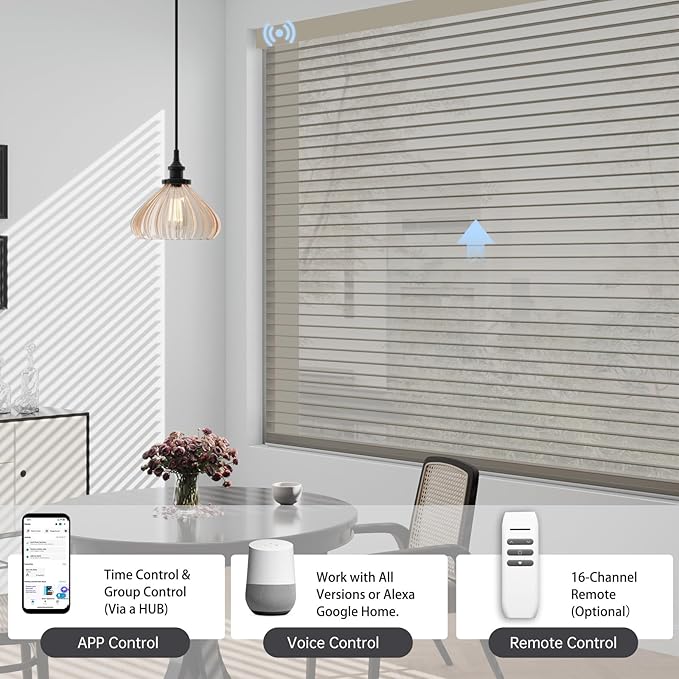Motorized Sheer Shades with Remote, Automatic Dual-Layered Shades for Windows, Smart Light Filtering Blinds Compatible with Alexa, Custom Size (Light Filtering Drizzle Coffee)