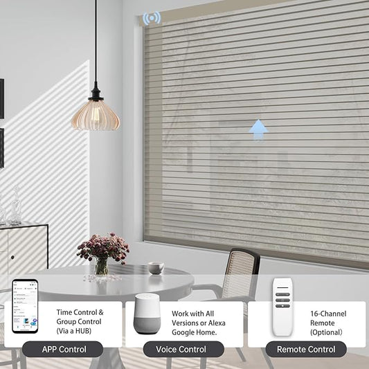 Motorized Sheer Shades with Remote, Automatic Dual-Layered Shades for Windows, Smart Light Filtering Blinds Compatible with Alexa, Custom Size (Light Filtering Drizzle Coffee)