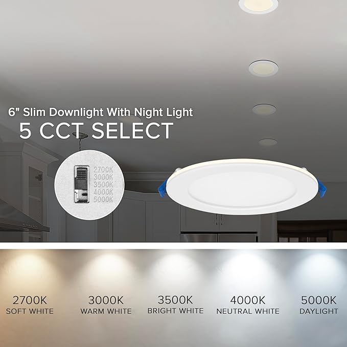 Maxxima 6 in. Slim Recessed LED Downlight with Night Light, 900 Lumens, 12 Watts, 5 CCT 2700K/3000K/3500K/4000K/5000K, 2000K Night Light, Dimmable, 90 CRI, Junction Box Included