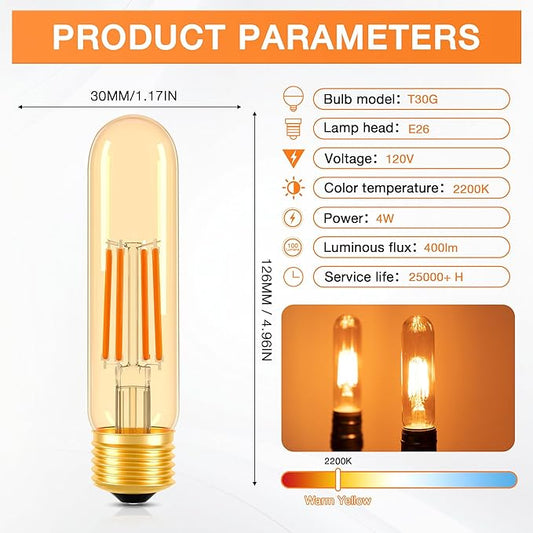 ToBeGreat T30 Light Bulbs 4 Watt Equivalent 40W Bulb E26 Tubular Bulbs T10 Amber LED Bulb Warm White 2200K Chandelier Desk Lamp Kitchen Bedbroom Bathroom,Dimmable,2 Pack