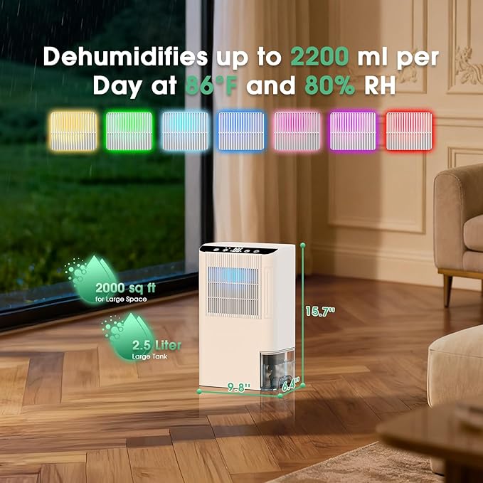 Dehumidifiers for Home, 2000 Sq.Ft Small Dehumidifier with 3.3ft Drain Hose, 2.5L Tank, Timer Sleep Mode, Portable Dehumidifier for Basement, Bedroom, Bathroom (Frost White)