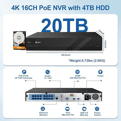 Two Way Audio - Anpviz 16CH 4K PoE Security Camera System, 16PCS 8MP Wired IP Turret Cameras Outdoor, Smart Color Night Vision, Human Vehicle Detection, 12MP PoE NVR with 4TB HDD for 24/7 Recording