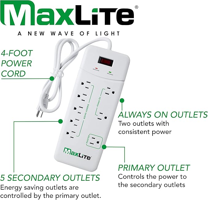 MaxLite Advanced Power Strip with 8 RECEPTACLES and 1350 Joules of Surge Protection,White,APS-8/1350J