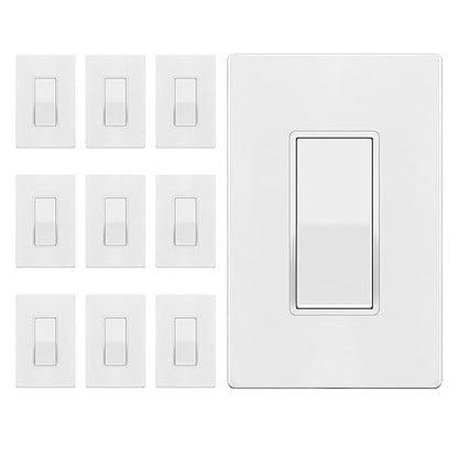 ENERLITES Matte White Light Switch with Screwless Wall Plate, Decorator Paddle Rocker Wall Switch, Single Pole, Grounding Screw, Residential Grade, 15A 120V/277V, UL Listed, 91150-MW-10PCS (10 Pack)