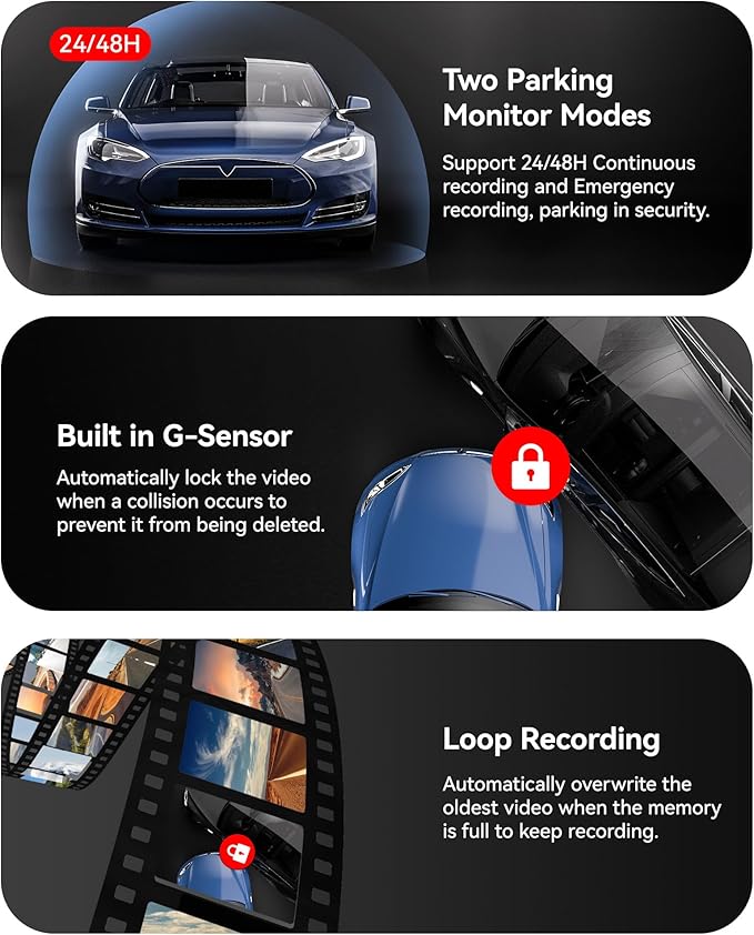 REDTIGER T700 Rear View Mirror Camera 11'' 4K UHD Front and 1080P Mirror Dash Cam Front and Rear, GPS,Parking Monitor,Night Vision,Smart Reverse Parking Assistance,Touch Screen, 32 GB Card