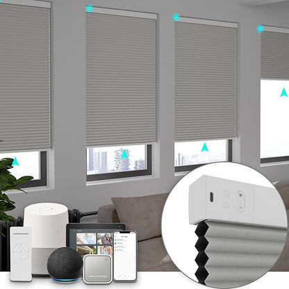 Changshade Motorized Cellular Shades with Remote Control Automatic for Indoor Windows Doors, Smart Blackout Blinds Auto Electric Power, Custom Size Honeycomb Blind Work with Alexa, Google Home, Grey
