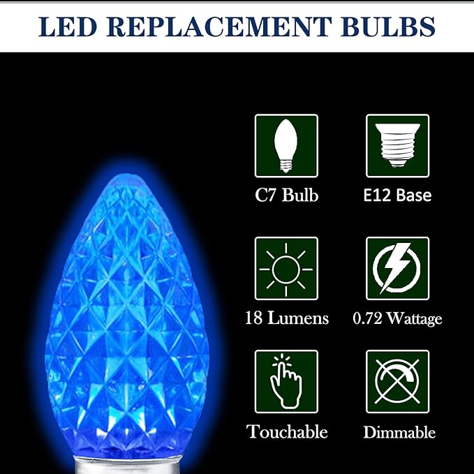 25 Pack C7 LED Replacement Bulbs- Multicolor Bulbs Dimmable for Christmas Outdoor Indoor String Lights, IP65 Waterproof Multicolor LED Night Light Bulbs, 0.72 Watts, C7/E12 Candelabra Base