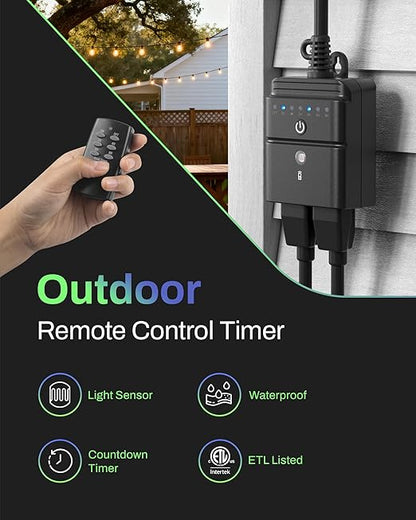 BN-LINK Outdoor Timer with Remote Control, Dusk to Dawn Light Sensor, Waterproof Plug-in Timer Outlet, 2 Grounded Outlets, 100ft Range, Perfect for Christmas & Halloween Lights, 15A 1/2HP ETL,2pack