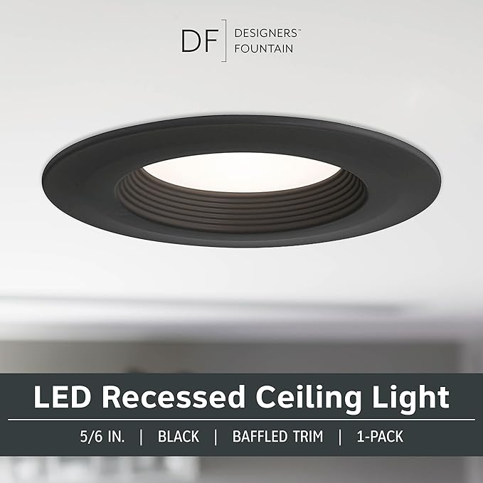 Designers Fountain LED Recessed Ceiling Light, 5/6 Inch 5CCT Metal Lighting Fixture, Dimmable, 1000 Lumens, 2700K/3000K/3500K/4000K/5000K, Black Baffle Retrofit Trim, EVL61093T50BK