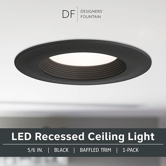 Designers Fountain LED Recessed Ceiling Light, 5/6 Inch 5CCT Metal Lighting Fixture, Dimmable, 1000 Lumens, 2700K/3000K/3500K/4000K/5000K, Black Baffle Retrofit Trim, EVL61093T50BK