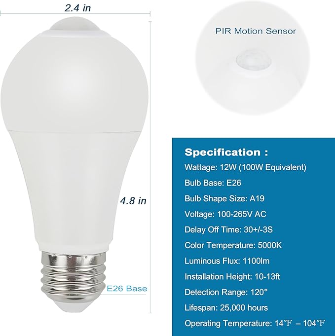 Pir Motion Sensor Light Bulbs – E26 A19 12W (100 Watt Equivalent), 5000K Daylight, Automatic On Off, Dusk to Dawn, Smart Indoor Outdoor LED for Garage, Porch, Closet, Stairway, Security (2 Pack)