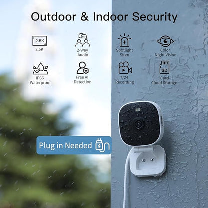 VIMTAG Security Camera Outdoor Indoor, 2.5K Cameras for Home Security Pet/Dog, Color Night Vision, Baby Monitor, Motion Activated Spotlight/Siren, IP66,2-Way Audio, Cloud/512G TF Card Storage,Plug-in