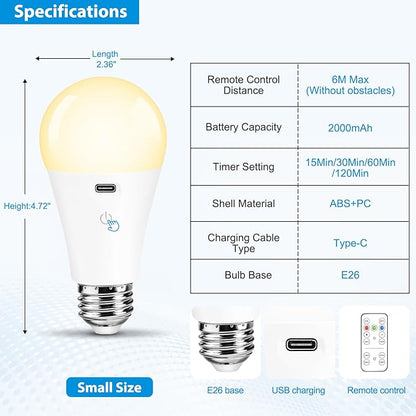 Rechargeable Light Bulbs with Remote Control, Dimmable Battery Operated Light Bulbs with 3 Color Temps and 4 Timer, A19 Wireless Light Bulbs for Sconce, Not-Hardwired, 1 Pack
