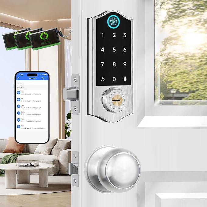 Fingerprint Smart Door Locks for Front Door with Handle Set, App Control, Keyless Entry Door Lock Keypad Deadbolt, Bluetooth Digital Electronic Touchscreen, Easy Install, Auto Lock, Satin Nickel