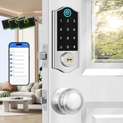 Fingerprint Smart Door Locks for Front Door with Handle Set, App Control, Keyless Entry Door Lock Keypad Deadbolt, Bluetooth Digital Electronic Touchscreen, Easy Install, Auto Lock, Satin Nickel
