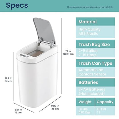 Ninestars Automatic Motion Sensor Bathroom Trash Can, 1.8 Gallon Smart Opening Garbage Bin for Bathroom, Bedroom, Kitchen, Office 2 Pack