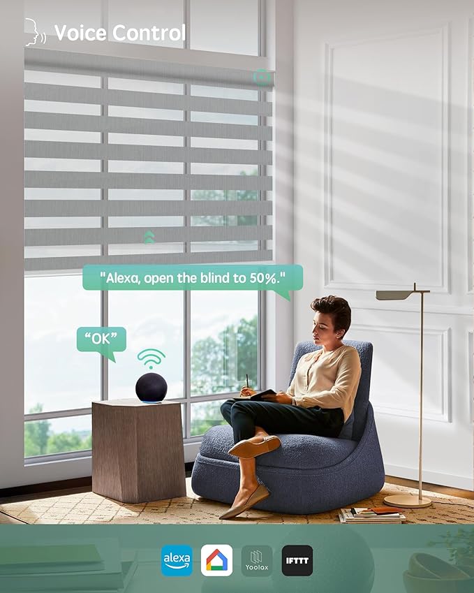 Yoolax Motorized Zebra Blinds Compatible with Alexa,Motorized Blinds with Remote Smart Automatic Custom Electric Window Blinds Cordless Indoor Room Darkening for Home Bedroom Kitchen (Enamel Grey)