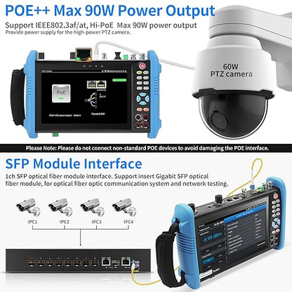 Rsrteng IPC-9800MOVTADHS Pro Full Features CCTV Camera Tester 8K 32MP IP Camera Tester wtih POE++ Max 90W, CCTV Tester with 4K TVI CVI AHD SDI Support DMM OPM TDR 1CH SFP HD VGA WiFi Network Tools