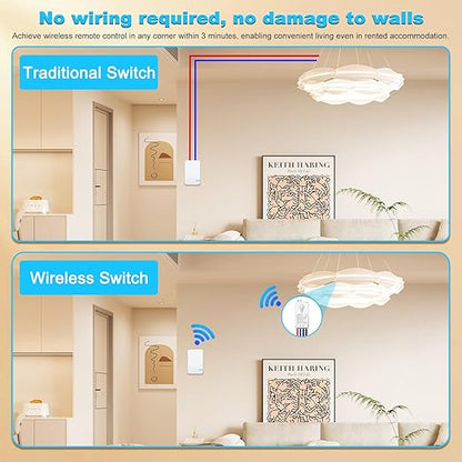 NineLeaf Wireless Light Switch Kit,No Wiring Mini Remote Switch,No WiFi Remote IP66 Waterproof for Ceiling Lights,Lamps,Fans,1969ft Outdoor 328ft Indoor Range,Up to 1000W LED(1Switch 2Receivers)