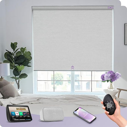 Graywind Motorized Roller Shade Compatible with Alexa Google 100% Blackout Rechargeable Smart Blinds Remote Control Battery Motor Cordless Window Shades, Customized Size (Pure White)