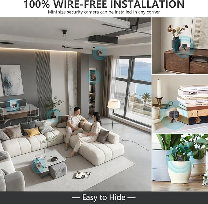 Mini WiFi Wireless Camera, 2K Indoor Hidden Camera for Home Security, Portable Battery Operated Small Camera, Auto Night Vision and APP Remote Viewing, Real-time Alerts