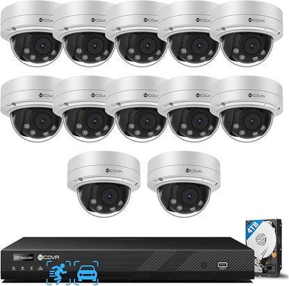4COVR 16 Channel PoE Security Camera System for Business, 12Pcs IK10 Vandal-Proof 5MP 2.8-12mm Dome IP Cameras IP67, Human/Vehicle Detection, 16CH Commercial 4K NVR & 4TB HDD, LY57BA5M1612-1