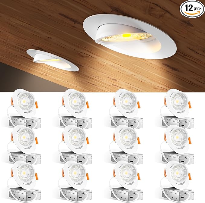 Amico 12 Pack 4 Inch 5CCT Gimbal LED Recessed Lighting, 360°&90°Adjustable Eyeball Directional Downlight, Dimmable, 2700K/3000K/3500K/4000K/5000K Selectable, 9W 700LM CRI90+, White, ETL&FCC