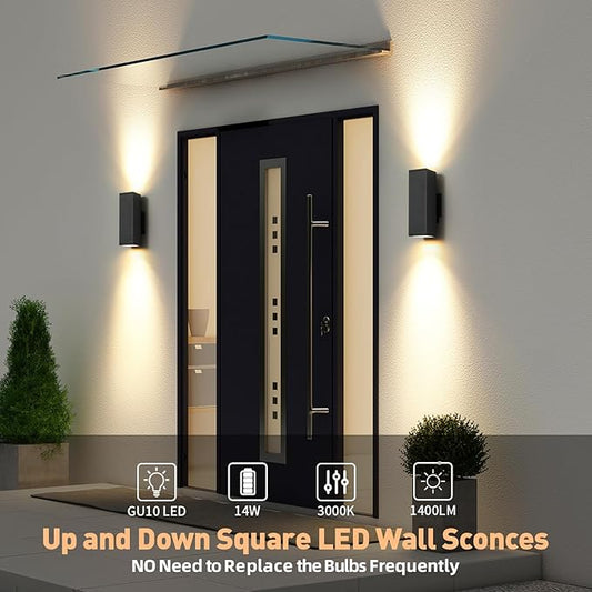 tewei 4 Pack LED Square Up and Down Lights Outdoor Wall Lights, Matte Black Exterior Lighting Fixtures with 7W LED Bulbs, Modern Outdoor Lights for House, Garage, Porch, Doorway