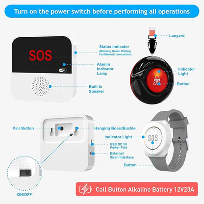 SanJie Wi-Fi Wireless Caregiver Pager Call Button for Elderly at Home - Alert Systems with App Remote Alerts & Device Sharing Suitable for Seniors & Patients and People with Disabilities