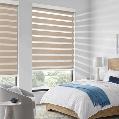 Motorized Zebra Blinds for Windows Cordless Electric Curtains with Remote Control Blackout Shades Custom Smart Blinds Compatible with Alexa Google Home(Roomdarking Caramel,W34 X 72in)