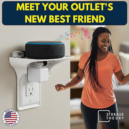 BeraTek Power Perch Wall Outlet Shelf with Cord Storage - Space Saving Organizer for Apple HomePod Mini, Alexa Devices Holder for Mom - White, 1-Pack