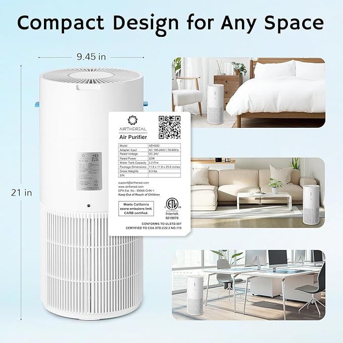 Airthereal 2-in-1 Air Purifier & Humidifier Combo for Large Room up to 1325 ft², 3-Stage Filters, Air Quality Monitor and Quiet Sleep Mode, Evaporative Humidifier with Hygrometer, iF Design Award 2026