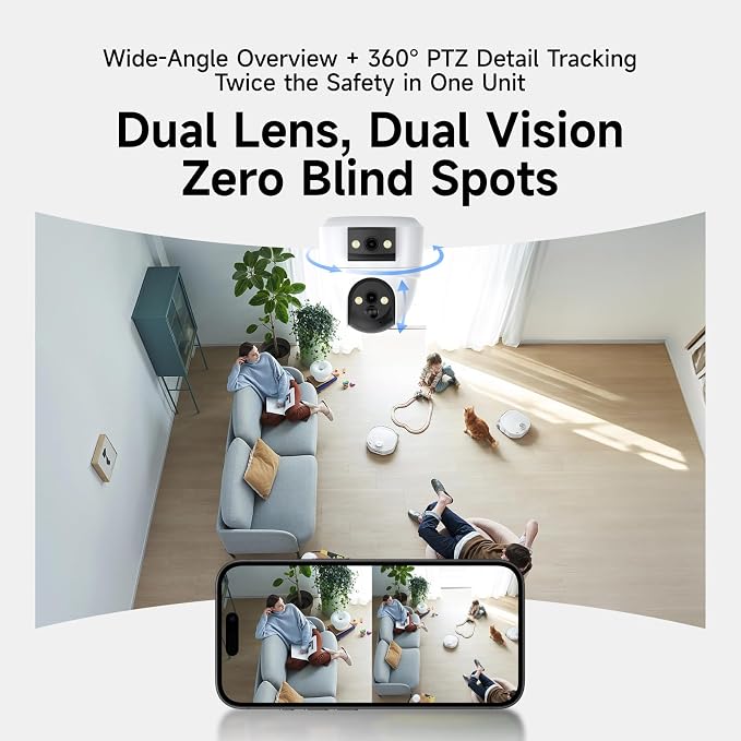 VSTARCAM 2K Dual Lens Security Camera Indoor, Free Cloud & SD Storage, No-Drill Ceiling Mount, 360° PTZ & Wide Angle, WiFi 6 2.4/5G, Color Night Vision, Motion Alerts, 6-Month Battery, 2-Way Talk