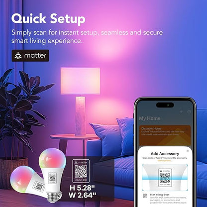OREiN Matter Smart Light Bulb, 1600/1200 Lumens 100W/85W Equivalent Smart Light Bulbs, Color Changing Light Bulbs Work with Apple Home, Alexa, Google Home, SmartThings
