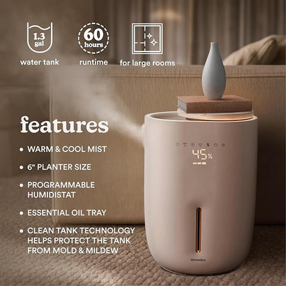 Homedics Natura Ultrasonic Warm & Cool Mist Humidifier, 1.3-Gal for Large Rooms, 60-Hr Runtime, Plant Holder, Programmable Humidity, Auto Shutoff, Nightlight Small Pot Compatible(Plant Not Included)