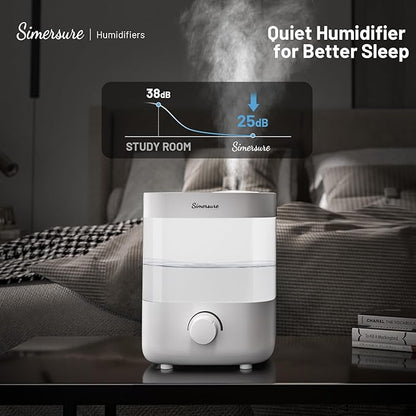 SimerSure Top Fill Humidifier, 2L Water Tank for Bedroom, 28H Long Lasting New White Air Humidifier for Large Room, Ultra Quiet 25dB Cool Mist for Baby, Plants, Office, Easy to Clean & Fill