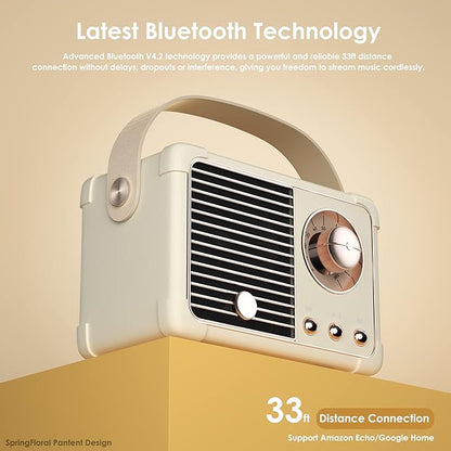 Retro Bluetooth Speaker, Mini Bluetooth Speaker Wireless with Stereo Sound,Hands-Free Call,400mA Battery,TF Card, Aux Line, for iOS Android Smartphone Home Office, Birthday Gifts White