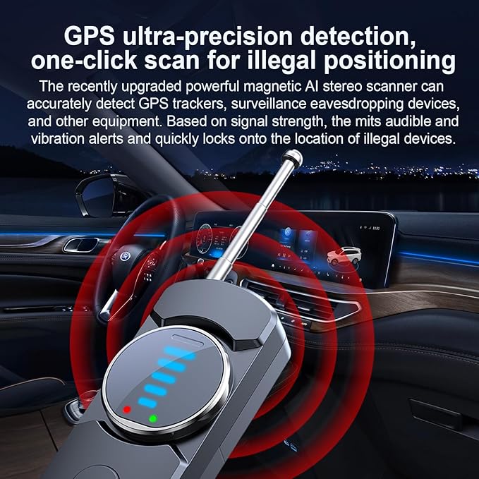 Hidden Camera Detector, AI Anti Spy Bug Detector with RF Signal Scanner, WiFi Finder, GPS Tracker Detector, Listening Device Finder, 6-in-1 Portable for Travel Hotel Bathroom Car Office (Black)