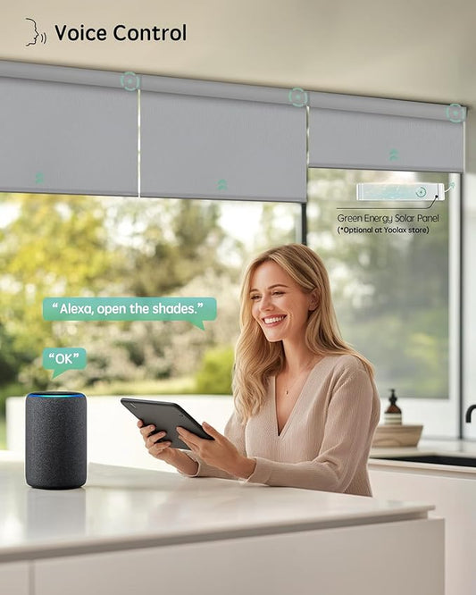 Yoolax Motorized Blinds with Remote, 100% Blackout Smart Blinds, Waterproof Motorized Shades Work with Alexa, Google, Apple Homekit, Custom Electric Shades Voice Control (Vinyl Light Gray)