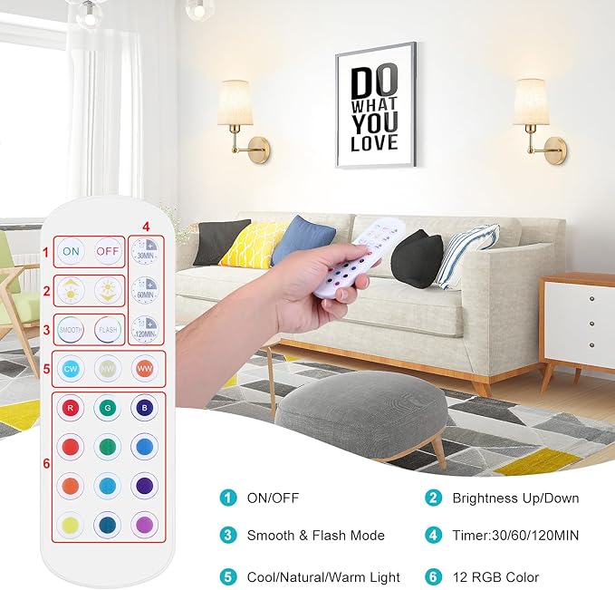 2 Pack 5200mAh Rechargeable Light Bulbs with Remote E26 Battery Operated Light Bulb for Lamps and Sconces,Dimmable Wireless Emergency Light Bulbs with Hook,3 Color Temperatures & 12 RGB Color Changing