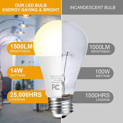 12-Pack 14W LED Dimmable Light Bulbs 100 Watt Equivalent, A19 LED Light bulbs Bright 1500LM LED Bulbs with E26 Standard Medium Base for Kitchen Bedroom Office Indoor, No Flicker, Warm White 3000K